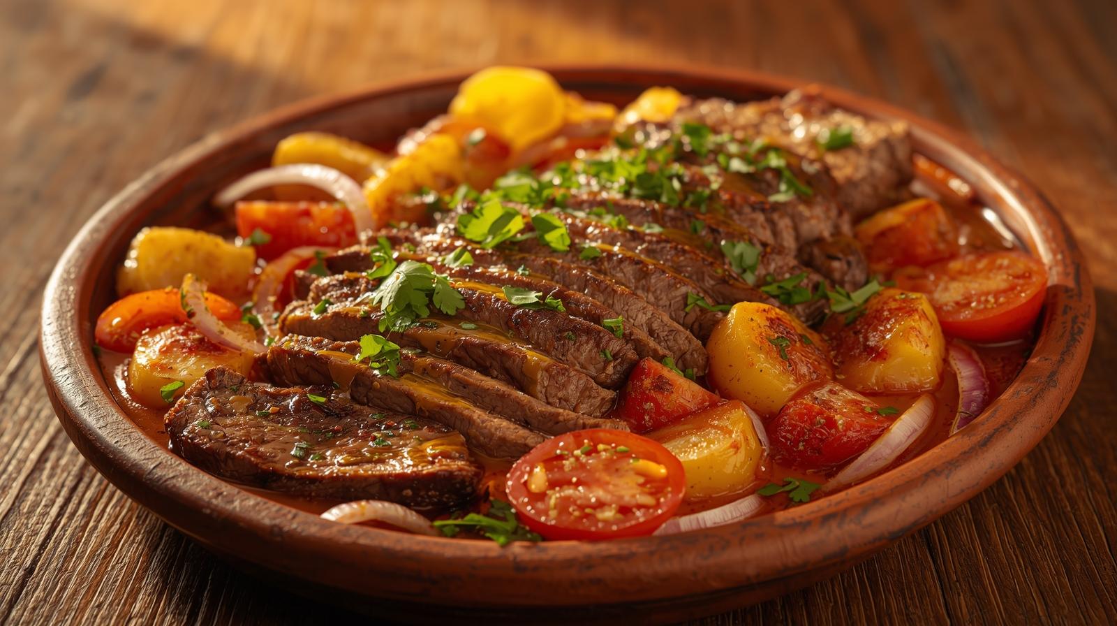 Bife de marinheiro com camadas de carne, batatas e legumes