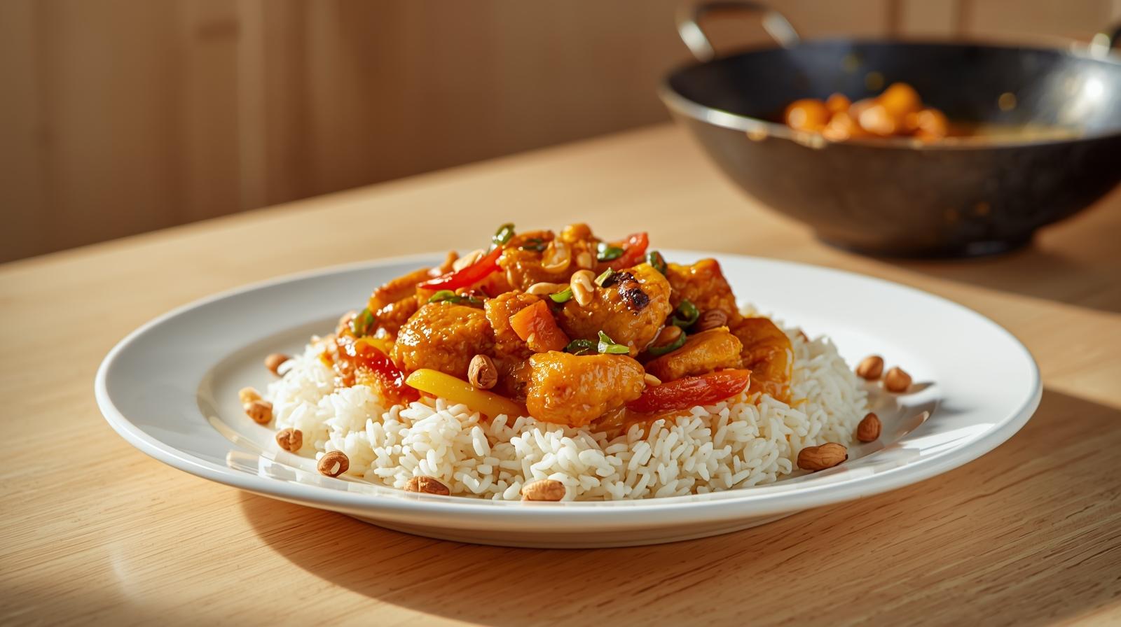 Frango xadrez colorido com pimentões e amendoim