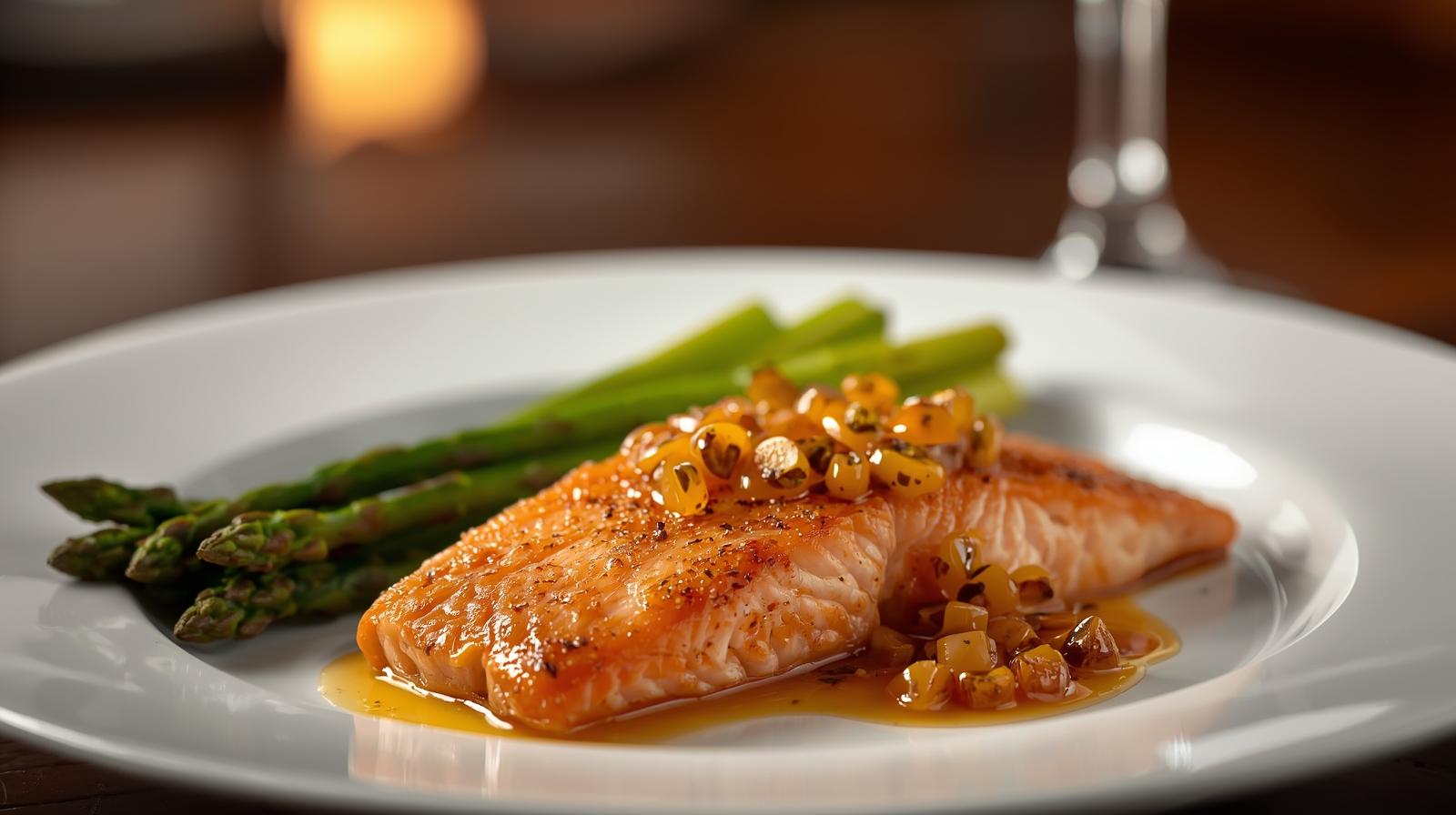 Salmão grelhado com molho tropical de maracujá