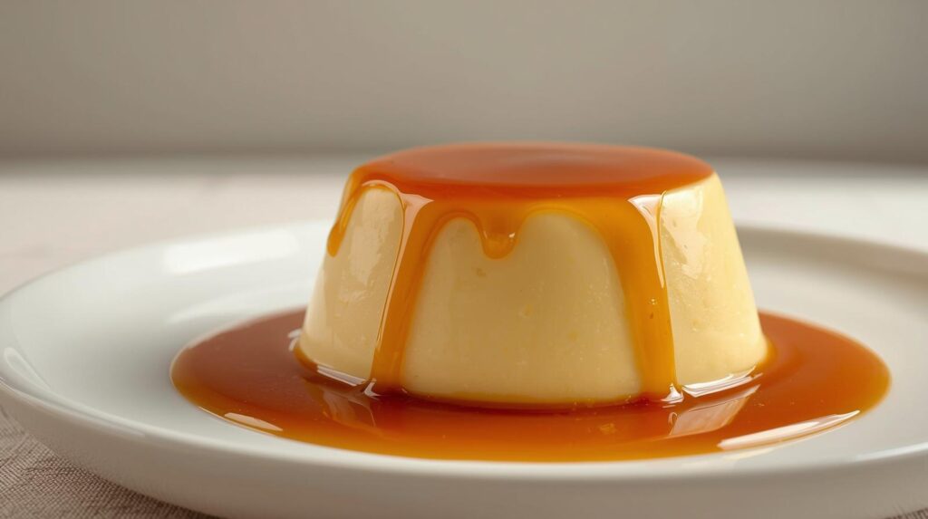 Pudim de leite condensado inteiro com calda brilhante escorrendo, servido sobre prato branco, fundo neutro e iluminação suave